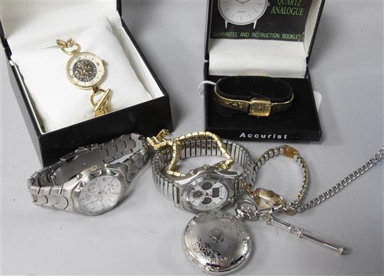 A modern fob watch on chain with silver cigar piercer and six wristwatches,